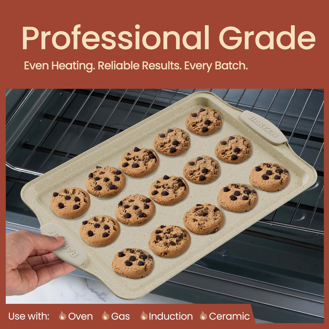 BAKKEN Kitchen Baking Pans - 15.15 x 10.03" Medium Nonstick Sheet, Durable Carbon Steel Cookie Sheet with White Silicone Handles, PFOA, PFOS, PTFE Free, Oven Safe Tray (Up To 450°F), Set of 1