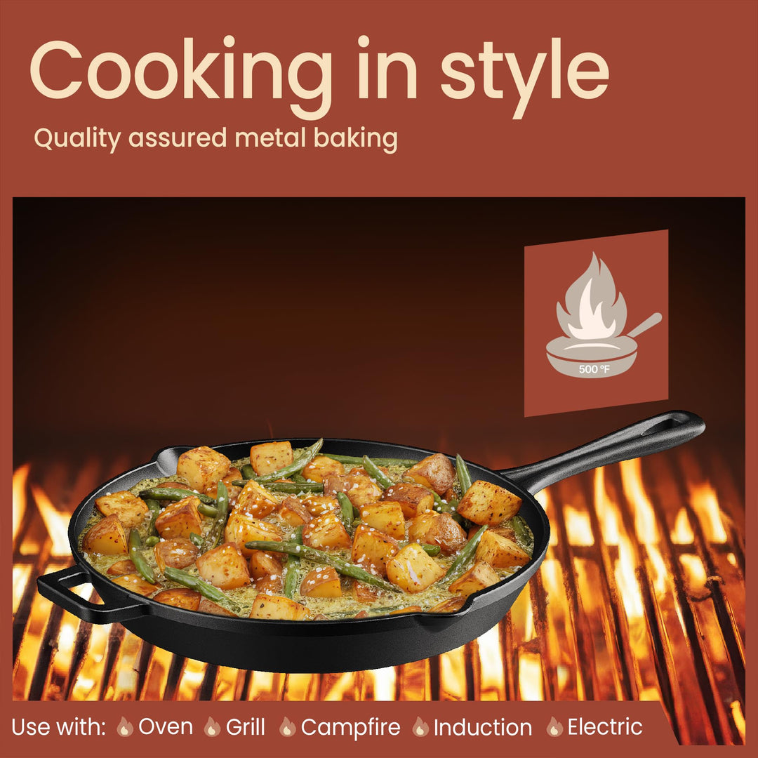Bakken Pre Seasoned Cast Iron Skillet with Glass Lid & Silicone Handle, Frying Pan for Stove, Oven, Grill & Induction, Even Heat Distribution, Versatile All-Purpose Cookware for Searing & Frying