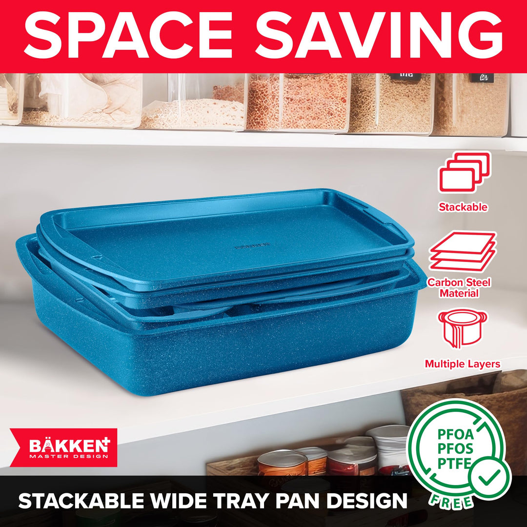 BAKKEN Kitchen Baking Pan Set - Nonstick Blue Marble Coating, Commercial Grade Carbon Steel Bakeware Sets, Baking Kitchen Essentials, PFOA, PFOS, PTFE Free, Oven Safe Tray (Up To 450° F), Set of 6