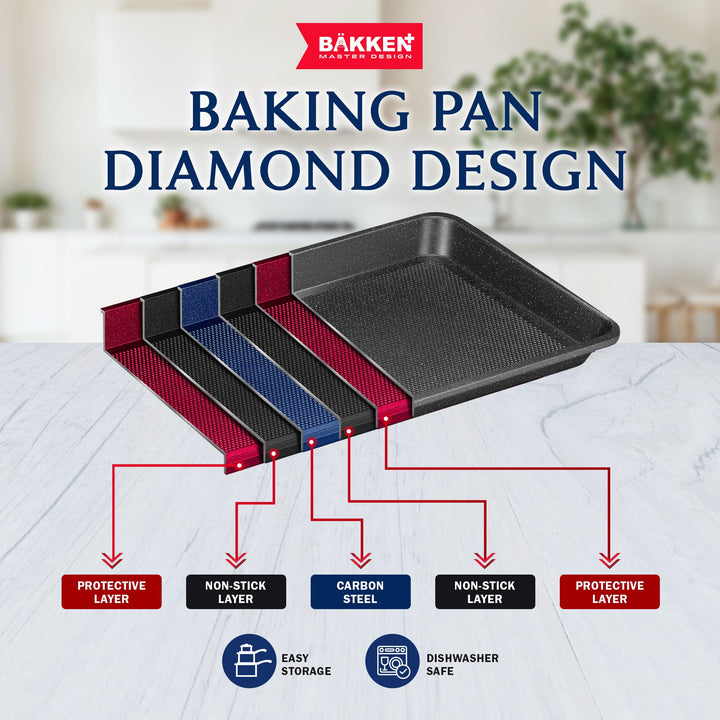 BAKKEN Kitchen Baking Pans - Nonstick Gray Coating, 13.58’’ × 9.65’’ Commercial Grade Carbon Steel Cookie Sheet, Diamond Texture Bottom, PFOA, PFOS, PTFE Free, Oven Safe Tray (450°F), Gray Marble