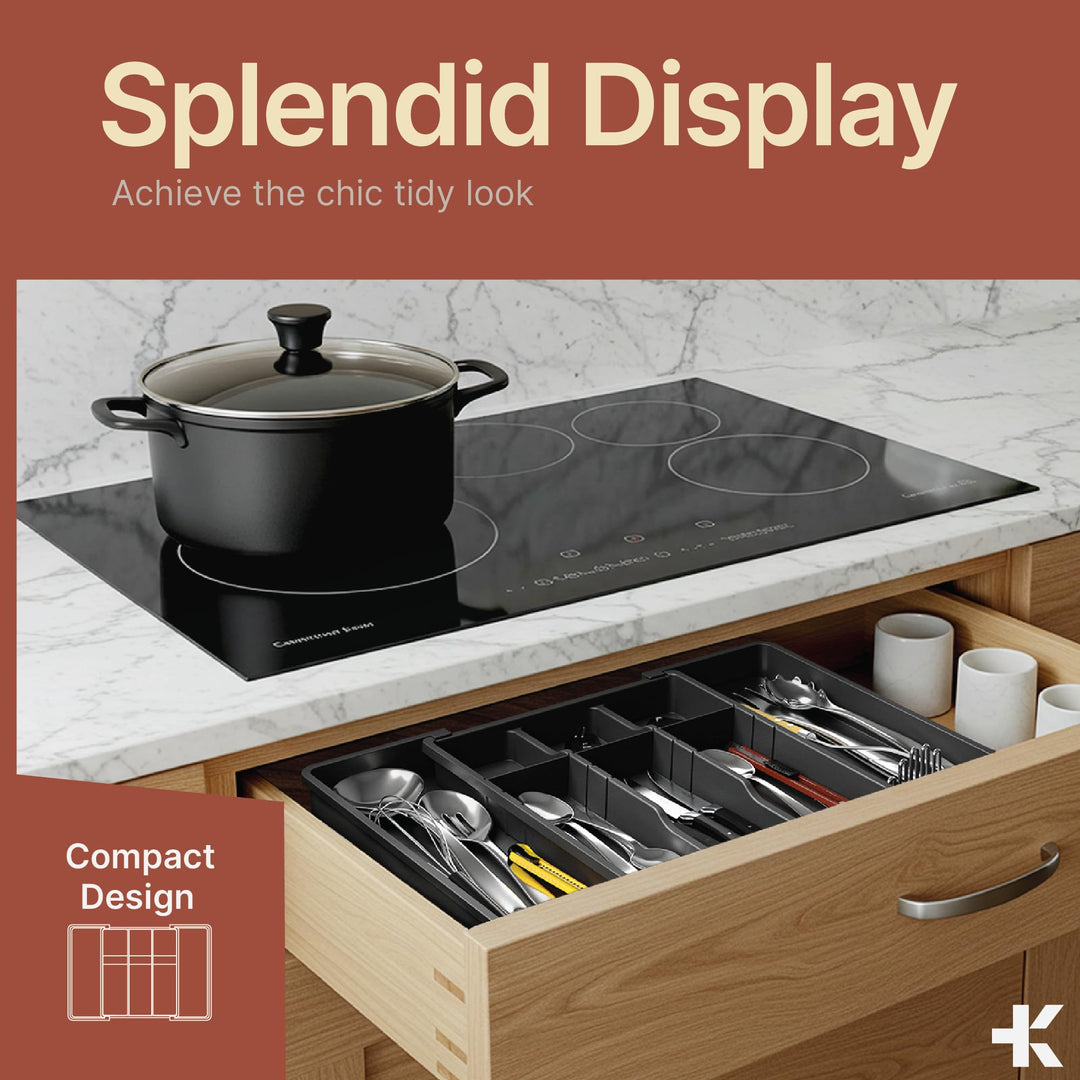Black Expandable Utensil Drawer Organizer 1 Pack, Adjustable 13” to 22.4”, 5 Compartment Silverware Organizer for Kitchen Utensils, Spatulas, Cutlery, and Tools, Easy to Clean, Durable, and BPA-Free