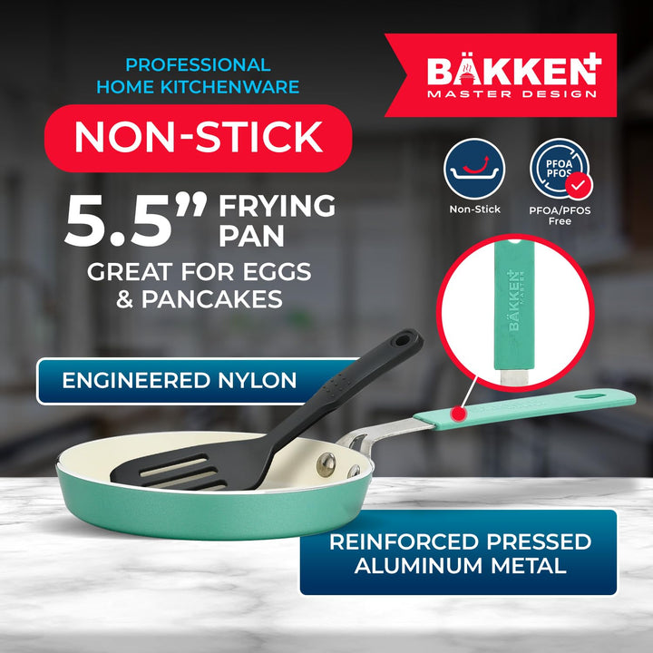 2-Piece Mini Pan Set – 5.5’’ Non-Stick Egg Pan with Kitchen Spatula, Cool-Touch Handles, Heat-Resistant Up To 400° F, Food-Grade Safe, For Gas, Electric and Ceramic Cooktops, Aqua