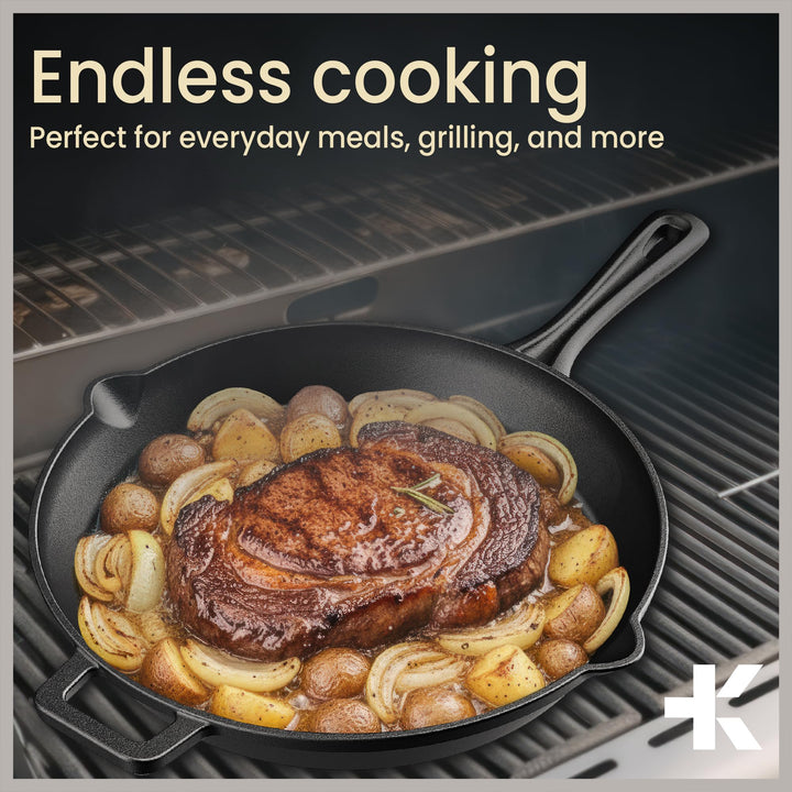 Bakken Pre Seasoned Cast Iron Skillet with Glass Lid & Silicone Handle, Frying Pan for Stove, Oven, Grill & Induction, Even Heat Distribution, Versatile All-Purpose Cookware for Searing & Frying