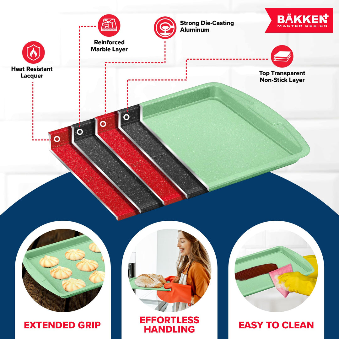 BAKKEN Kitchen Baking Pan Set - Nonstick Green Marble Coating, Commercial Grade Carbon Steel Bakeware Sets, Baking Kitchen Essentials, PFOA, PFOS, PTFE Free, Oven Safe Tray (Up To 450° F), Set of 3