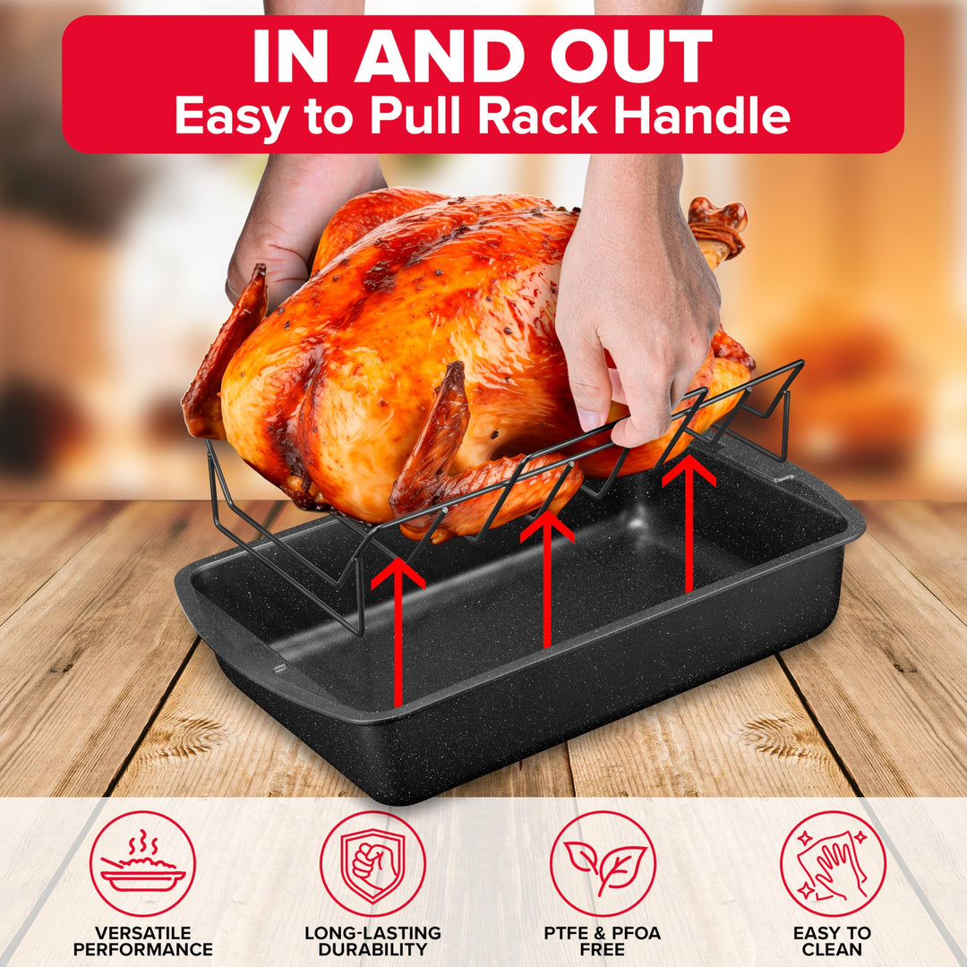 BAKKEN Nonstick Turkey Roasting Pan with Rack – 17 X 13 inch,  Large Heavy-Duty Carbon Steel Roasting Pan, Wide Handles, Versatile for Baking, Grilling, & Roasting, Oven Safe Up to 450°F, Gray Marble