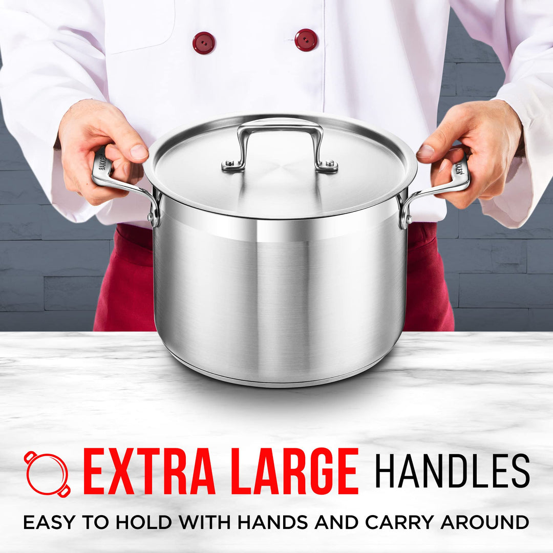 Stockpot – 8 Quart – Brushed Stainless Steel – Heavy Duty Induction Pot with Lid and Riveted Handles – For Soup, Seafood, Stock, Canning and for Catering for Large Groups and Events by BAKKEN