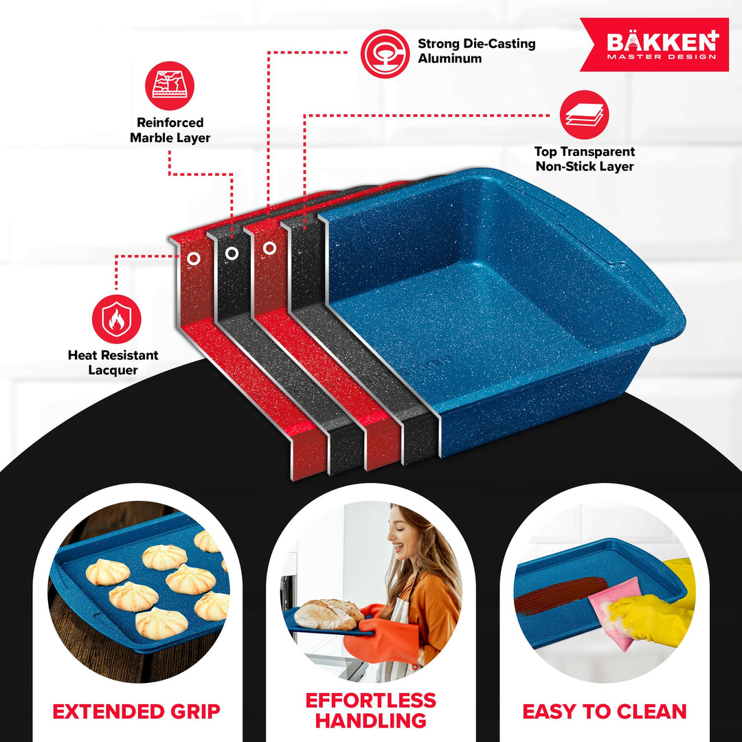 BAKKEN Kitchen Baking Pan Set - Nonstick Blue Marble Coating, Commercial Grade Carbon Steel Bakeware Sets, Baking Kitchen Essentials, PFOA, PFOS, PTFE Free, Oven Safe Tray (Up To 450° F), Set of 6
