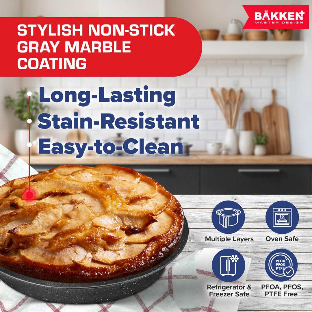BAKKEN 10-Piece Kitchen Baking Pan Set - Commercial Grade Carbon Steel Bakeware, With Nonstick Coating, Stackable and Space-saving Design, PFOA, PFOS, PTFE Free, Oven Safe (Up To 450°F), Gray Marble
