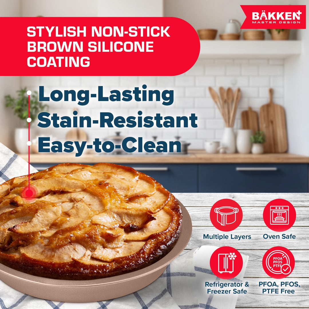 BAKKEN 10-Piece Kitchen Baking Pan Set - Commercial Grade Carbon Steel Bakeware, With Nonstick Coating, Stackable and Space-saving Design, PFOA, PFOS, PTFE Free, Oven Safe Tray (Up To 450°F), Brown