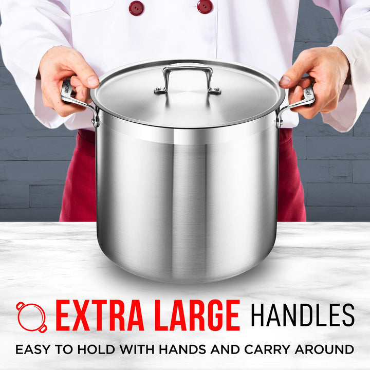 Stainless Steel Stockpot with Lid 20 Quart, Durable 18/8 Stainless Steel, Impact-Bonded Base for Even Heating, Riveted Handles, Oven & All Stove Compatible, Safe Up To 500°F (260°C)