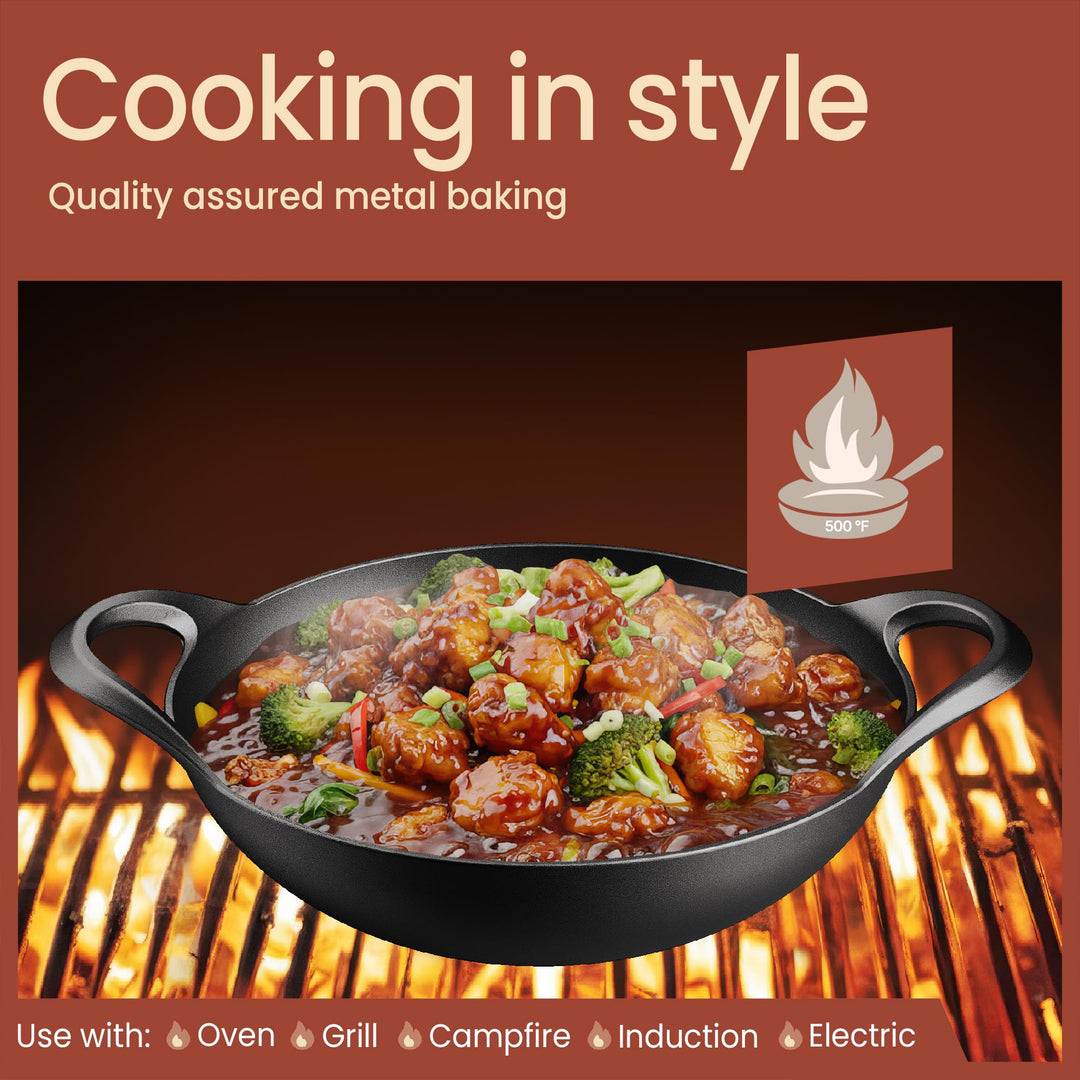 Bakken Pre-Seasoned Cast Iron Wok with Wooden Lid, 14" Stir Fry Pan for Gas, Electric, Induction & Open Fir, Heavy-Duty Flat Bottom Wok with Dual Handles for Even Heating & High-Heat Cooking, 8.8 lbs