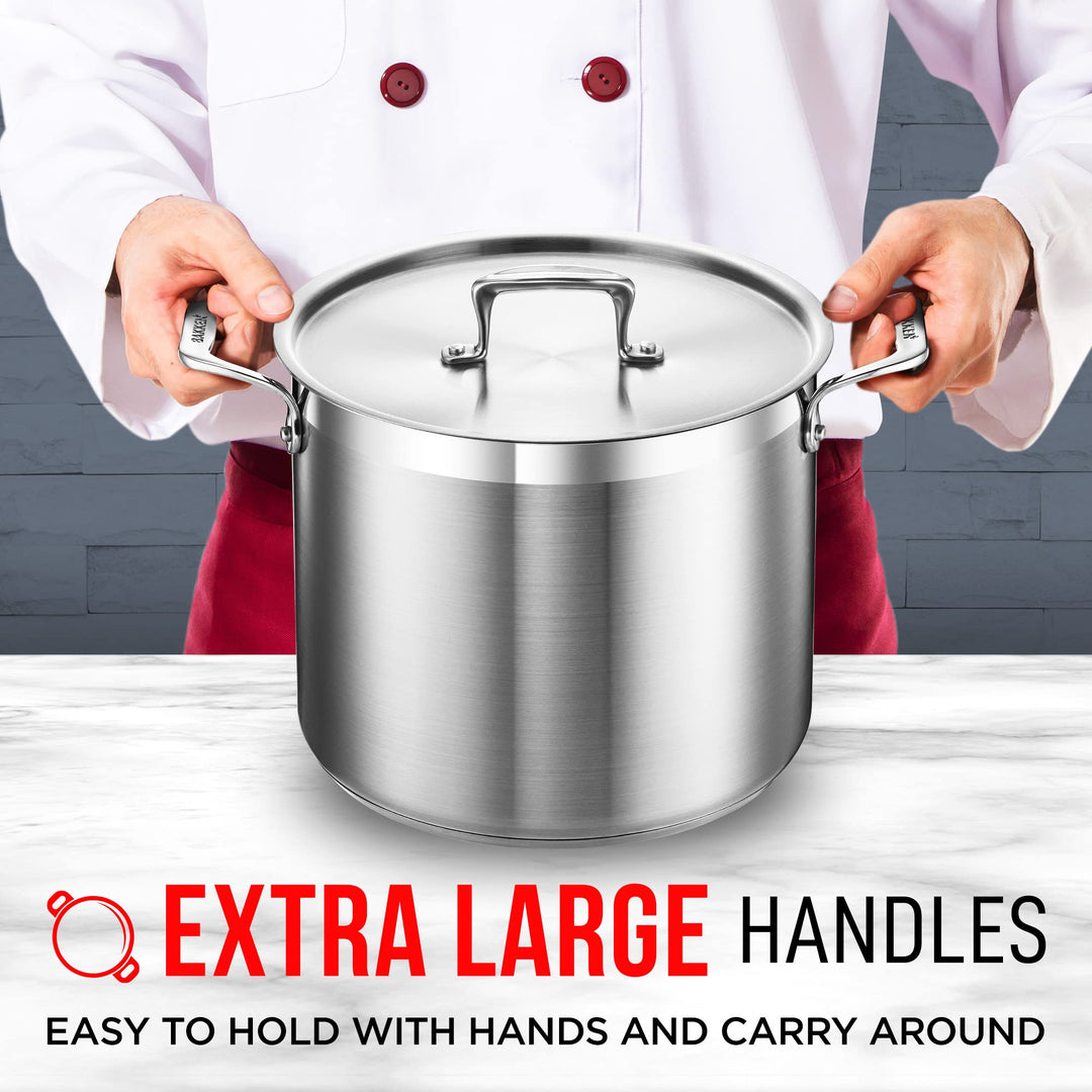 Stockpot – 12 Quart – Brushed Stainless Steel – Heavy Duty Induction Pot with Lid and Riveted Handles – For Soup, Seafood, Stock, Canning and for Catering for Large Groups and Events by BAKKEN