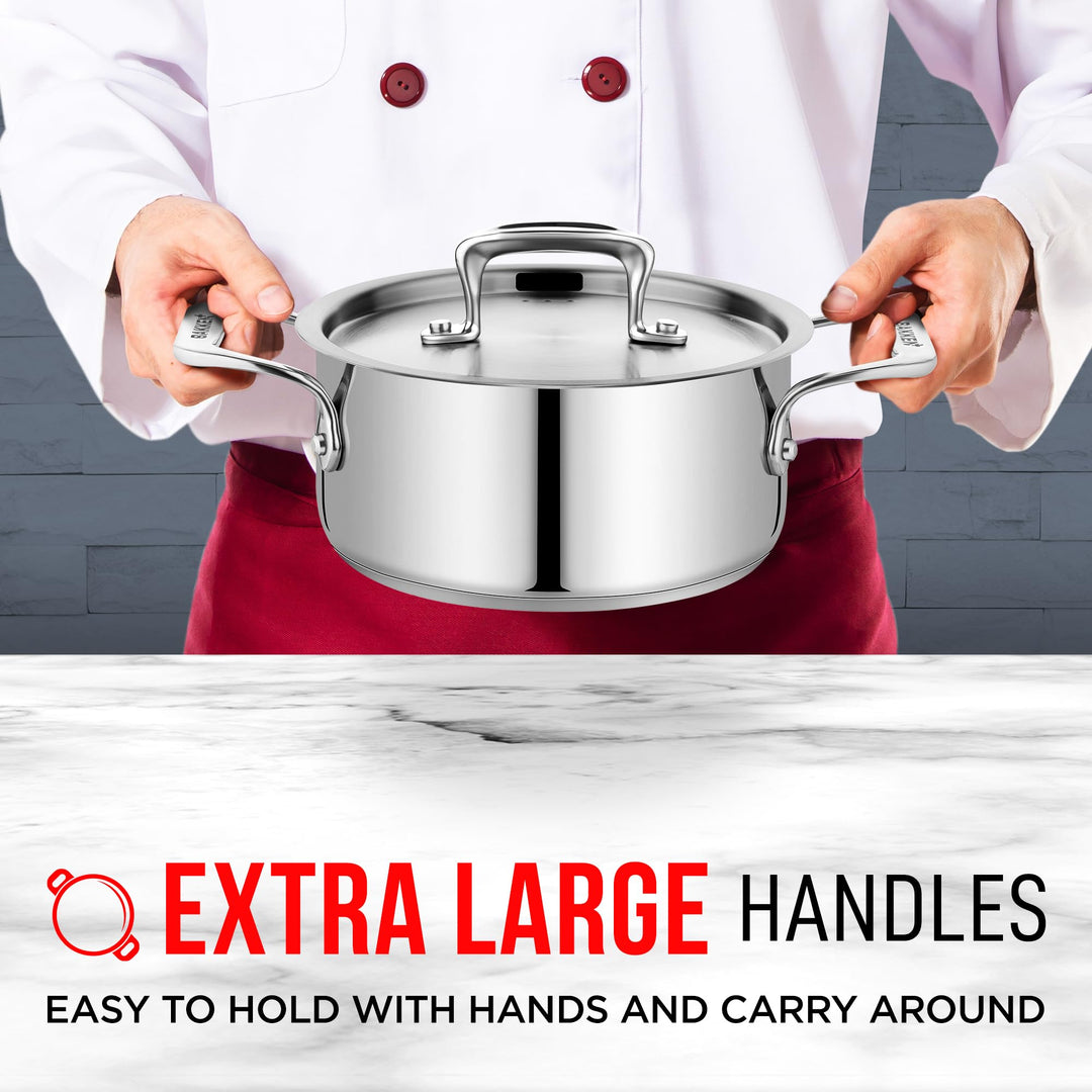 Stainless Steel Stockpot with Lid 2 Quart, Durable 18/8 Stainless Steel, Impact-Bonded Base for Even Heating, Riveted Handles, Oven & All Stove Compatible, Safe Up To 500°F (260°C)
