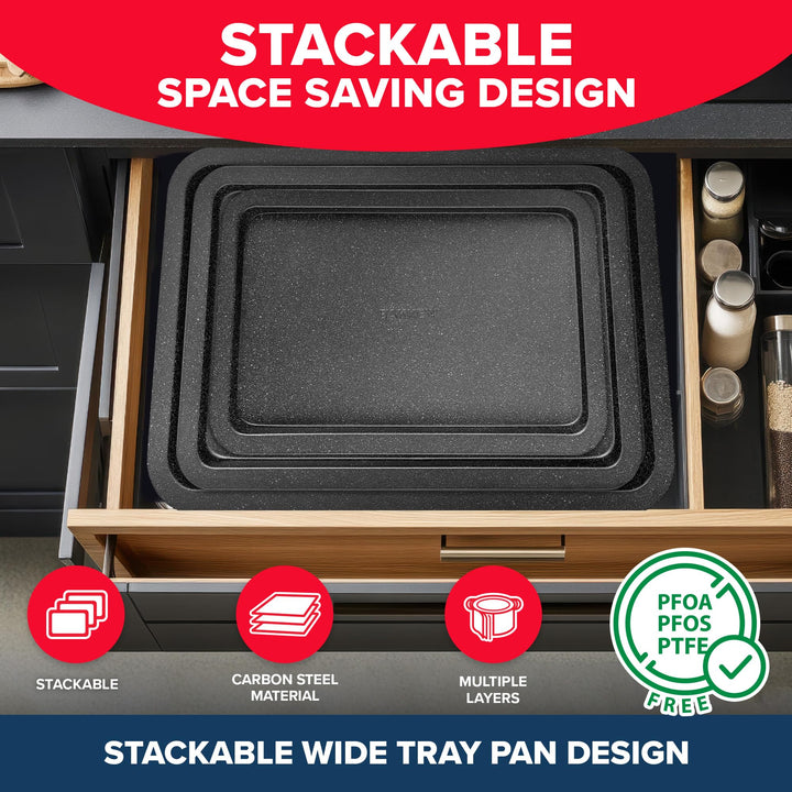 BAKKEN 3-Piece Kitchen Baking Pans - Small, Medium, and Large Cookie Pan, With Nonstick Coating, Stackable and Space-saving Design, PFOA, PFOS, PTFE Free, Oven Safe Tray (Up To 450°F), Gray Marble