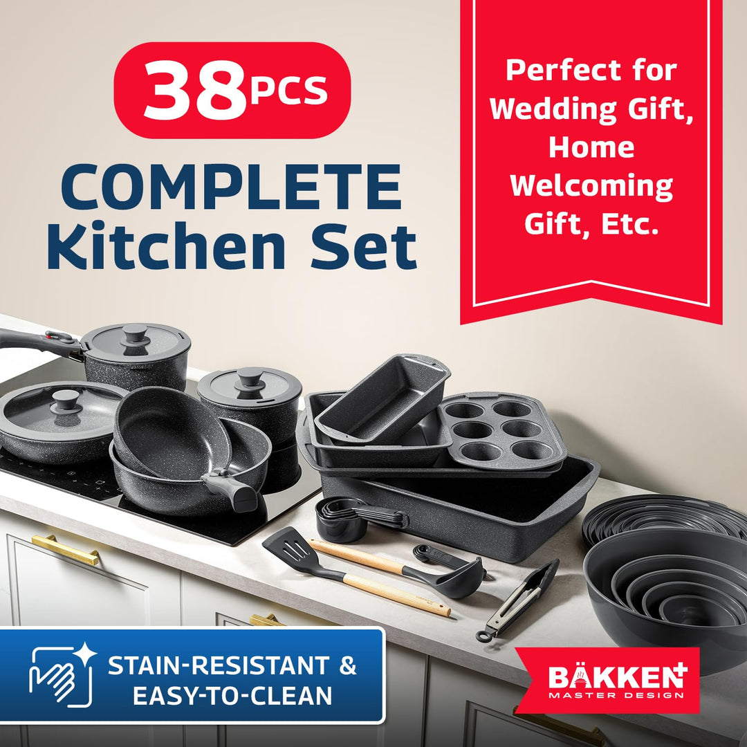 Bakken Master 38 Piece Granite Cookware & Bakeware Set – Nonstick Granite Coating, Pots and Pans with Detachable Handle and Tempered Glass Lids, 6-piece Bakeware set, 12-piece Mixing Bowls,Gray Marble