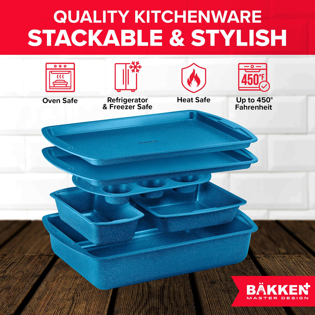 Blue Marble 10-Piece Bakeware Sets, Nonstick Carbon Steel Baking Sheet & Pans, Stackable Space-Saving Bakeware, Dishwasher Safe, Stain-resistant, PFOA\PFOS\PTFE Free, Oven Safe Up To 450°F (230°C)