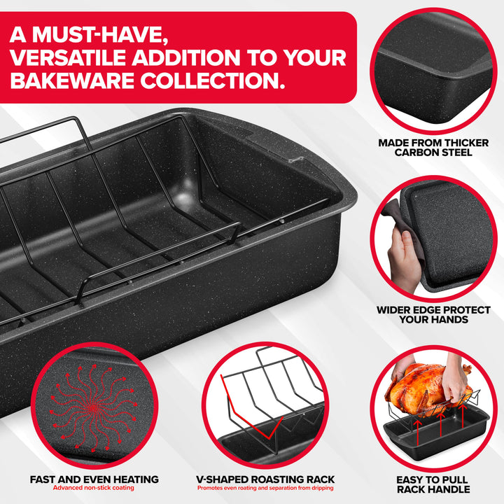 BAKKEN Nonstick Turkey Roasting Pan with Rack – 17 X 13 inch,  Large Heavy-Duty Carbon Steel Roasting Pan, Wide Handles, Versatile for Baking, Grilling, & Roasting, Oven Safe Up to 450°F, Gray Marble