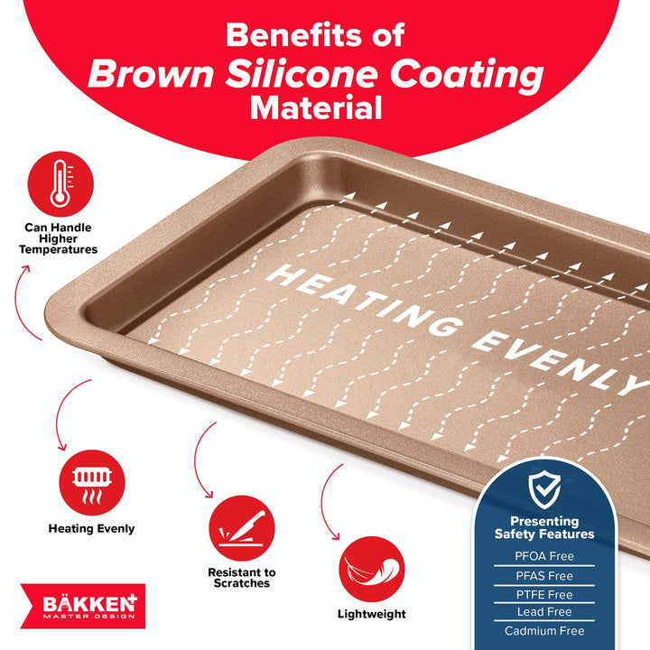 BAKKEN Kitchen Baking Pans - Nonstick Brown Coating, 13.18’’ × 8.66’’ Commercial Grade Carbon Steel Cookie Sheet, Baking Kitchen Essentials, PFOA, PFOS, PTFE Free, Oven Safe Tray (450° F), Brown
