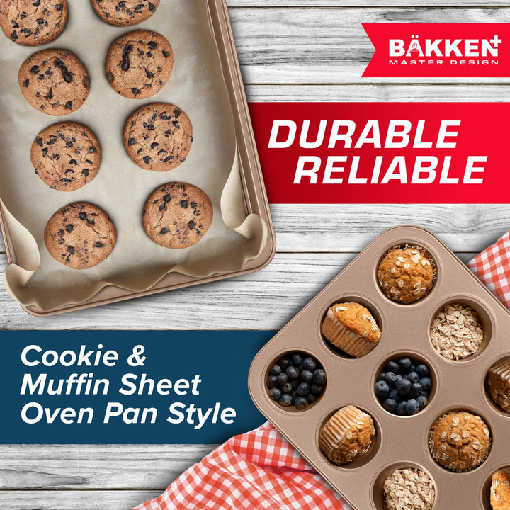 BAKKEN 10-Piece Kitchen Baking Pan Set - Commercial Grade Carbon Steel Bakeware, With Nonstick Coating, Stackable and Space-saving Design, PFOA, PFOS, PTFE Free, Oven Safe Tray (Up To 450°F), Brown