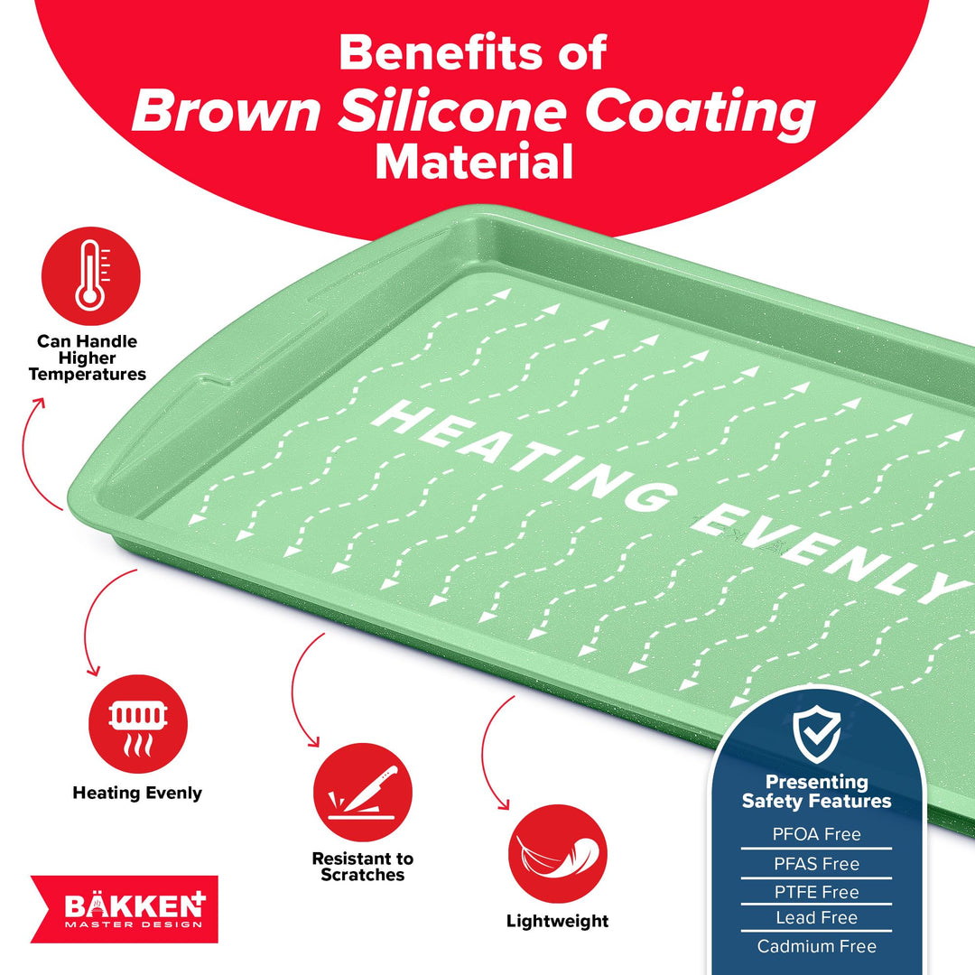BAKKEN Kitchen Baking Pan Set - Nonstick Green Marble Coating, Commercial Grade Carbon Steel Bakeware Sets, Baking Kitchen Essentials, PFOA, PFOS, PTFE Free, Oven Safe Tray (Up To 450° F), Set of 3