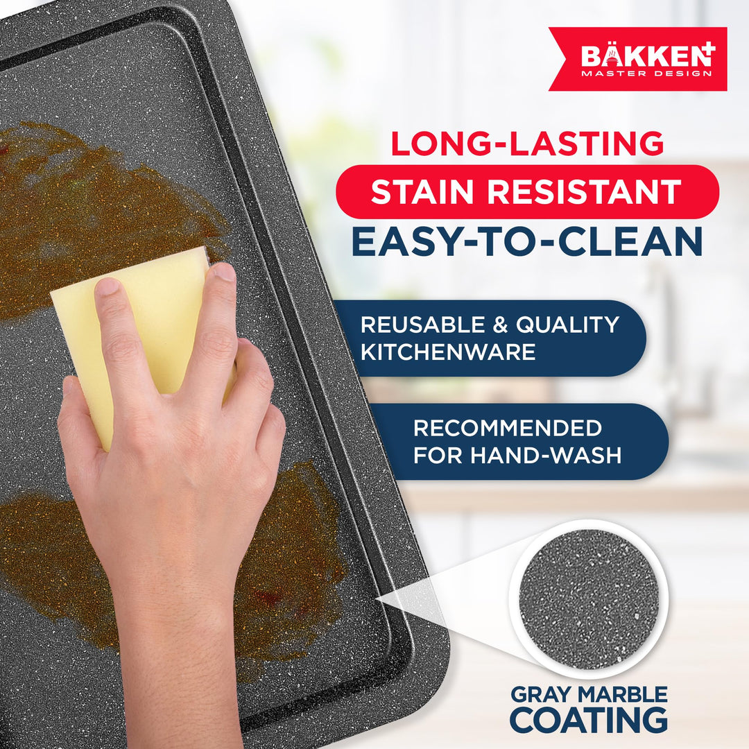 BAKKEN Kitchen Baking Pans - Nonstick Gray Coating, 13.18’’ × 8.66’’ Commercial Grade Carbon Steel Cookie Sheet, Baking Kitchen Essentials, PFOA, PFOS, PTFE Free, Oven Safe Tray (450° F), Gray Marble