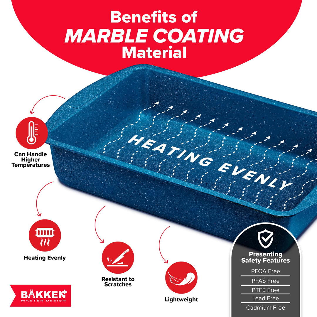 BAKKEN Kitchen Baking Pan Set - Nonstick Blue Marble Coating, Commercial Grade Carbon Steel Bakeware Sets, Baking Kitchen Essentials, PFOA, PFOS, PTFE Free, Oven Safe Tray (Up To 450° F), Set of 6