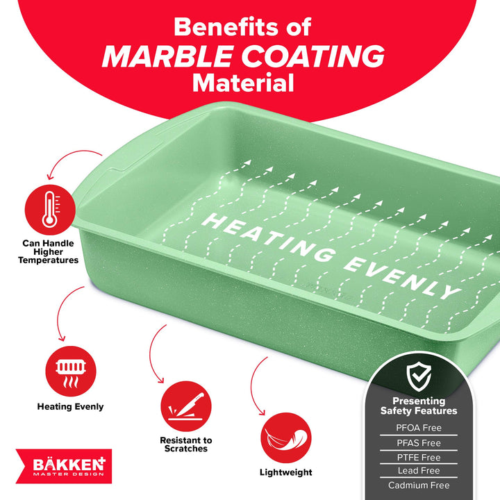 BAKKEN Kitchen Baking Pan Set - Nonstick Green Marble Coating, Commercial Grade Carbon Steel Bakeware Sets, Baking Kitchen Essentials, PFOA, PFOS, PTFE Free, Oven Safe Tray (Up To 450° F), Set of 6