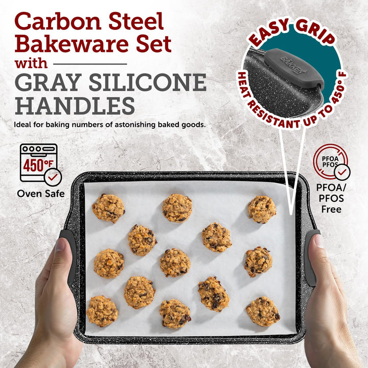 BAKKEN Kitchen Baking Pans - Medium (15.15 × 10.03") and Large (17.1 x 11.8") Nonstick Sheets, Carbon Steel Cookie Sheets with Red Silicone Handles, PFOA, PFOS, PTFE Free, Oven Safe (450°F), Set of 2