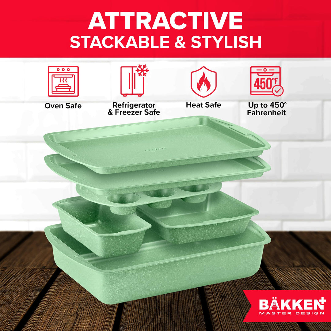 Green Marble 10-Piece Bakeware Sets, Nonstick Carbon Steel Baking Sheet & Pans, Stackable Space-Saving Bakeware, Dishwasher Safe, Stain-resistant, PFOA\PFOS\PTFE Free, Oven Safe Up To 450°F (230°C)