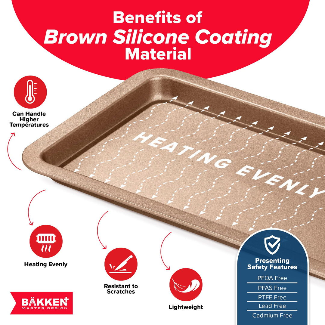 BAKKEN 3-Piece Kitchen Baking Pans - Small, Medium, and Large Cookie Pan, With Nonstick Coating, Stackable and Space-saving Design, PFOA, PFOS, PTFE Free, Oven Safe Tray (Up To 450°F), Brown