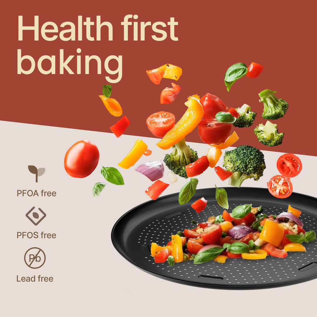 Bakken 16 Inch Non-Stick Pizza Pan, Round Carbon Steel Pizza Tray with Perforated Holes, PFOA, Dishwasher & Oven Safe Up To 450°F, Durable Nonstick CoatingBakken 16" Nonstick Pizza Pan 2 Pack, Carbon Steel Perforated Baking Tray, Black