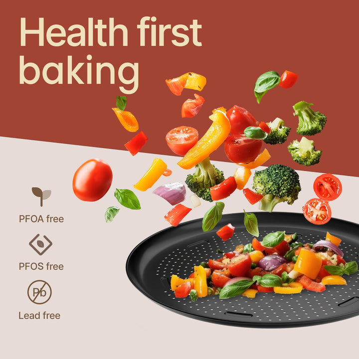 Bakken 16 Inch Non-Stick Pizza Pan, Round Carbon Steel Pizza Tray with Perforated Holes, PFOA, Dishwasher & Oven Safe Up To 450°F, Durable Nonstick CoatingBakken 16" Nonstick Pizza Pan 2 Pack, Carbon Steel Perforated Baking Tray, Black