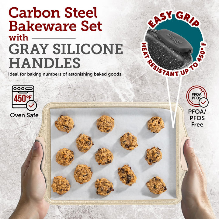 BAKKEN Kitchen Baking Pans - Medium (15.15 × 10.03") and Large (17.1 x 11.8") Nonstick Sheets, Carbon Steel Cookie Sheets with White Silicone Handle, PFOA, PFOS, PTFE Free, Oven Safe (450°F), Set of 2