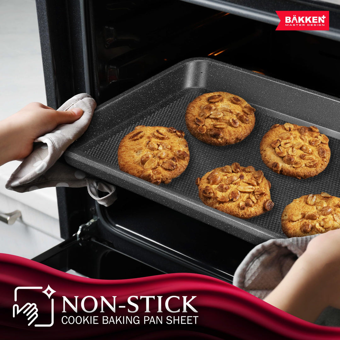 BAKKEN Kitchen Baking Pans - Nonstick Gray Coating, 13.58’’ × 9.65’’ Commercial Grade Carbon Steel Cookie Sheet, Diamond Texture Bottom, PFOA, PFOS, PTFE Free, Oven Safe Tray (450°F), Gray Marble