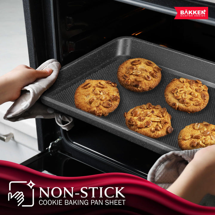 BAKKEN Kitchen Baking Pans - Nonstick Gray Coating, 13.58’’ × 9.65’’ Commercial Grade Carbon Steel Cookie Sheet, Diamond Texture Bottom, PFOA, PFOS, PTFE Free, Oven Safe Tray (450°F), Gray Marble
