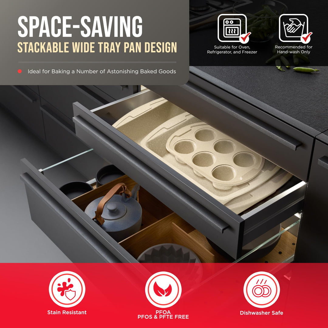 White Marble 10-Piece Bakeware Sets, Nonstick Carbon Steel Baking Sheet & Pans, Stackable Space-Saving Bakeware, Dishwasher Safe, Stain-resistant, PFOA\PFOS\PTFE Free, Oven Safe Up To 450°F (230°C)