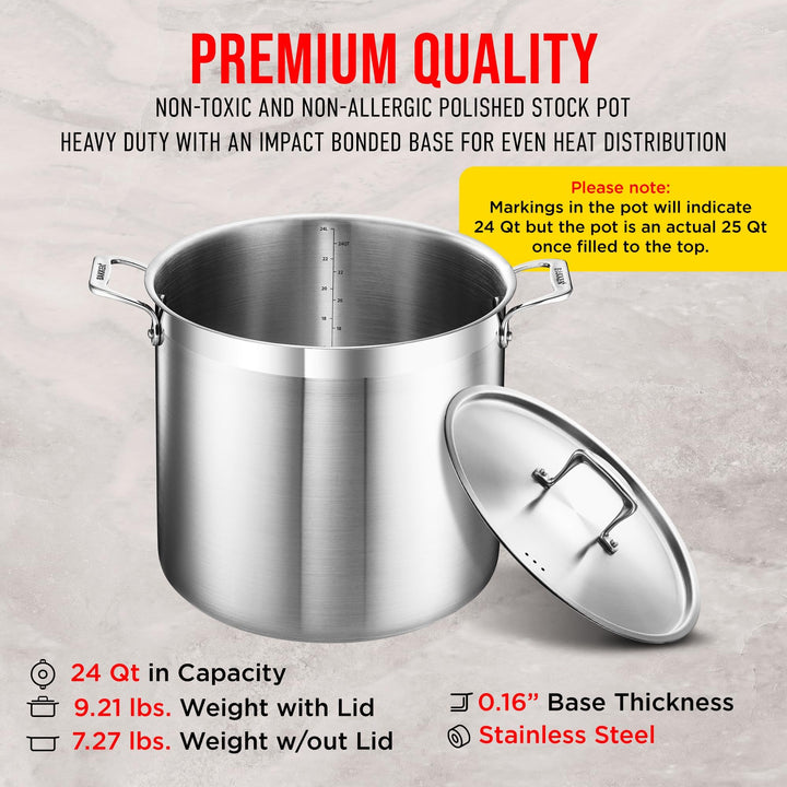 Stockpot – 24 Quart – Brushed Stainless Steel – Heavy Duty Induction Pot with Lid and Riveted Handles – For Soup, Seafood, Stock, Canning and for Catering for Large Groups and Events by BAKKEN