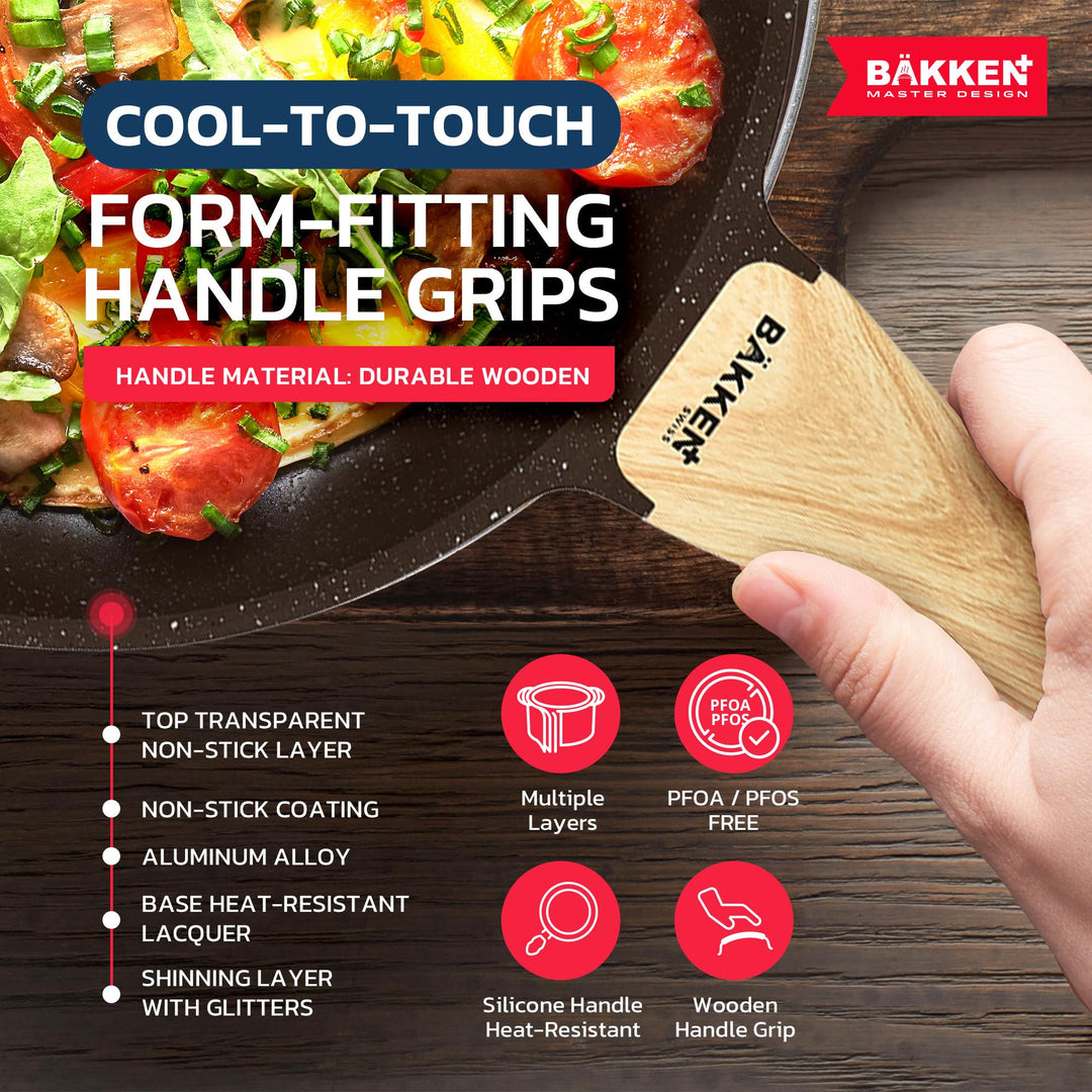 Bakken Master 20 Piece Cookware Set - Pots and Pans with Handle Grips and Tempered Glass Lids, With 6-piece Bakeware Set, Nonstick Granite Coating, Ceramic Max Temperature (Up To 500°F), Brown Marble
