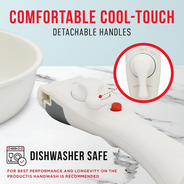 Pots & Pans Set Non Stick Ceramic-Granite – 14-Piece Cookware with Detachable Handles, Stackable Space-Saving, Dishwasher Safe, Stain-resistant, Oven & All-Stove Safe, Tempered Glass Lids, White Cream
