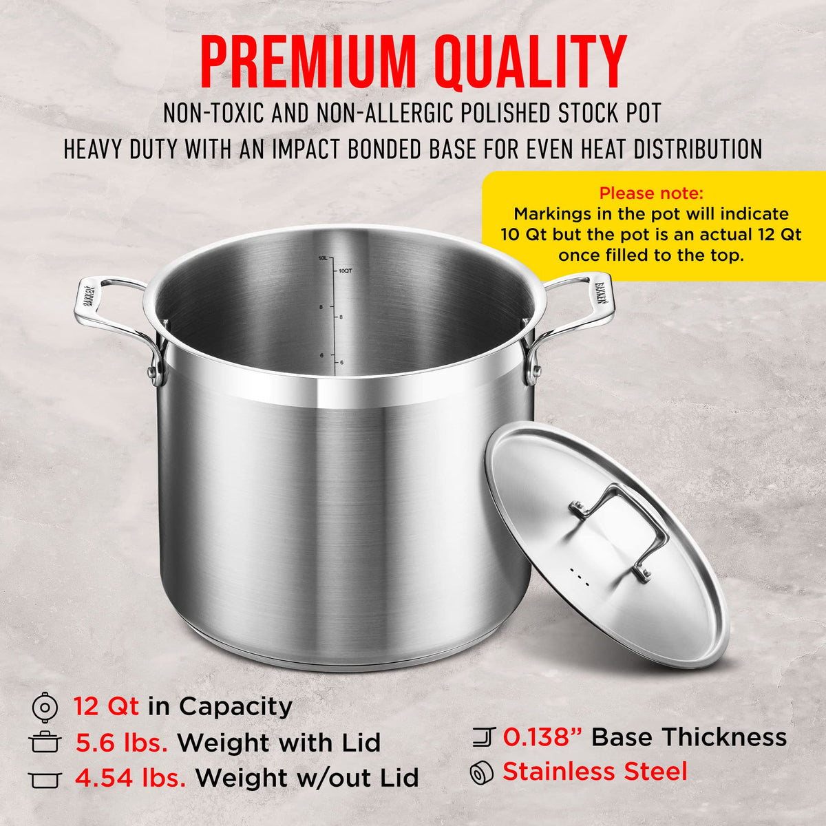 Bakken 12 QT Stainless Steel Stockpot, 18/8 Steel, photo 6 of 12