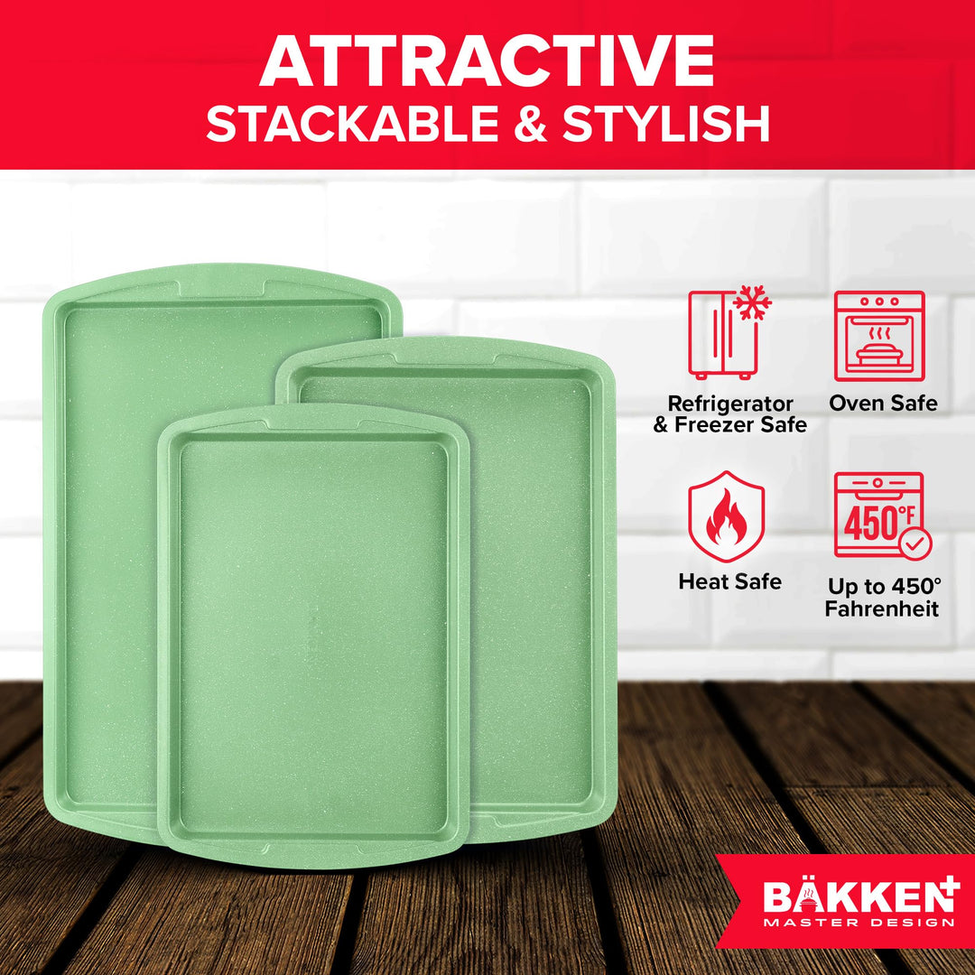 BAKKEN Kitchen Baking Pan Set - Nonstick Green Marble Coating, Commercial Grade Carbon Steel Bakeware Sets, Baking Kitchen Essentials, PFOA, PFOS, PTFE Free, Oven Safe Tray (Up To 450° F), Set of 3