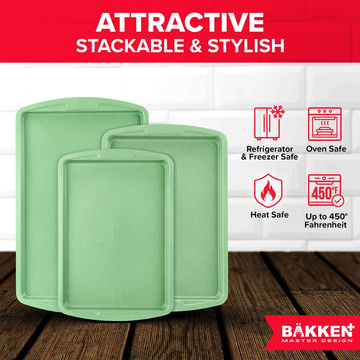 BAKKEN Kitchen Baking Pan Set - Nonstick Green Marble Coating, Commercial Grade Carbon Steel Bakeware Sets, Baking Kitchen Essentials, PFOA, PFOS, PTFE Free, Oven Safe Tray (Up To 450° F), Set of 3