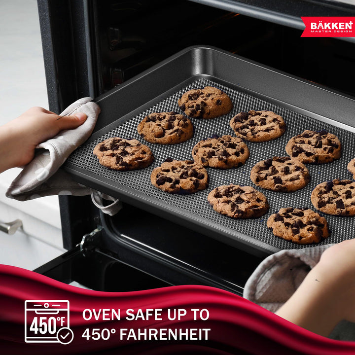 BAKKEN Kitchen Baking Pans - Small, Medium, and Large Cookie Pan (13.58×9.65, 15.75×11, 17.91×12.60), Nonstick, Diamond Texture Bottom, PFOA, PFOS, PTFE Free, Oven Safe Tray (450°F), Pack of 3, Gray
