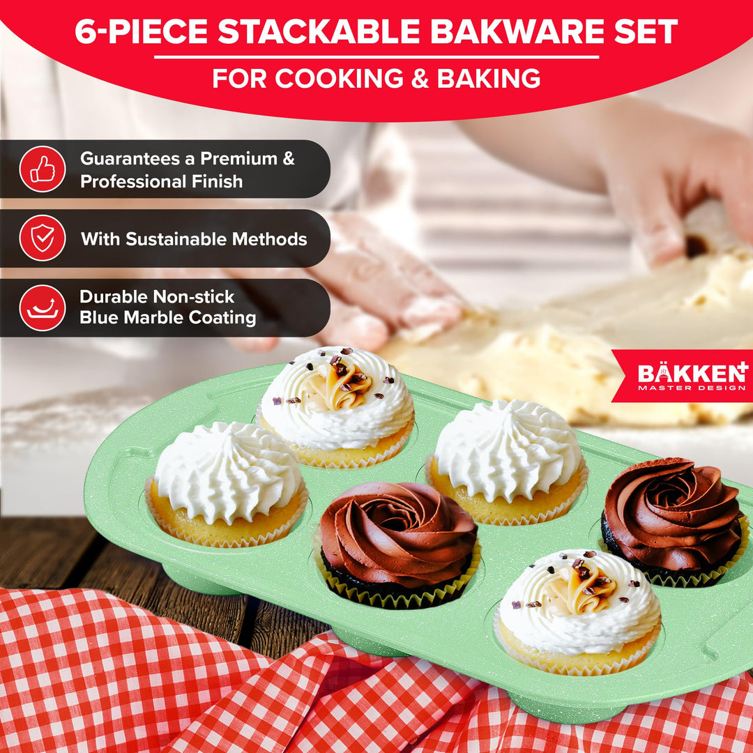 Green Marble 10-Piece Bakeware Sets, Nonstick Carbon Steel Baking Sheet & Pans, Stackable Space-Saving Bakeware, Dishwasher Safe, Stain-resistant, PFOA\PFOS\PTFE Free, Oven Safe Up To 450°F (230°C)