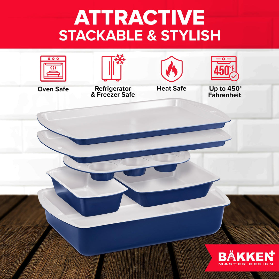 BAKKEN 6-Piece Kitchen Baking Pan Set - Royal Blue Color with Gray Ceramic Nonstick Coating, Commercial Grade Carbon Steel Bakeware, Baking Essentials, PFOA, PFOS, PTFE Free, Oven Safe (Up To 450° F)