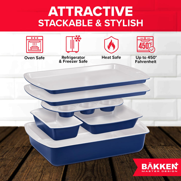 BAKKEN 6-Piece Kitchen Baking Pan Set - Royal Blue Color with Gray Ceramic Nonstick Coating, Commercial Grade Carbon Steel Bakeware, Baking Essentials, PFOA, PFOS, PTFE Free, Oven Safe (Up To 450° F)
