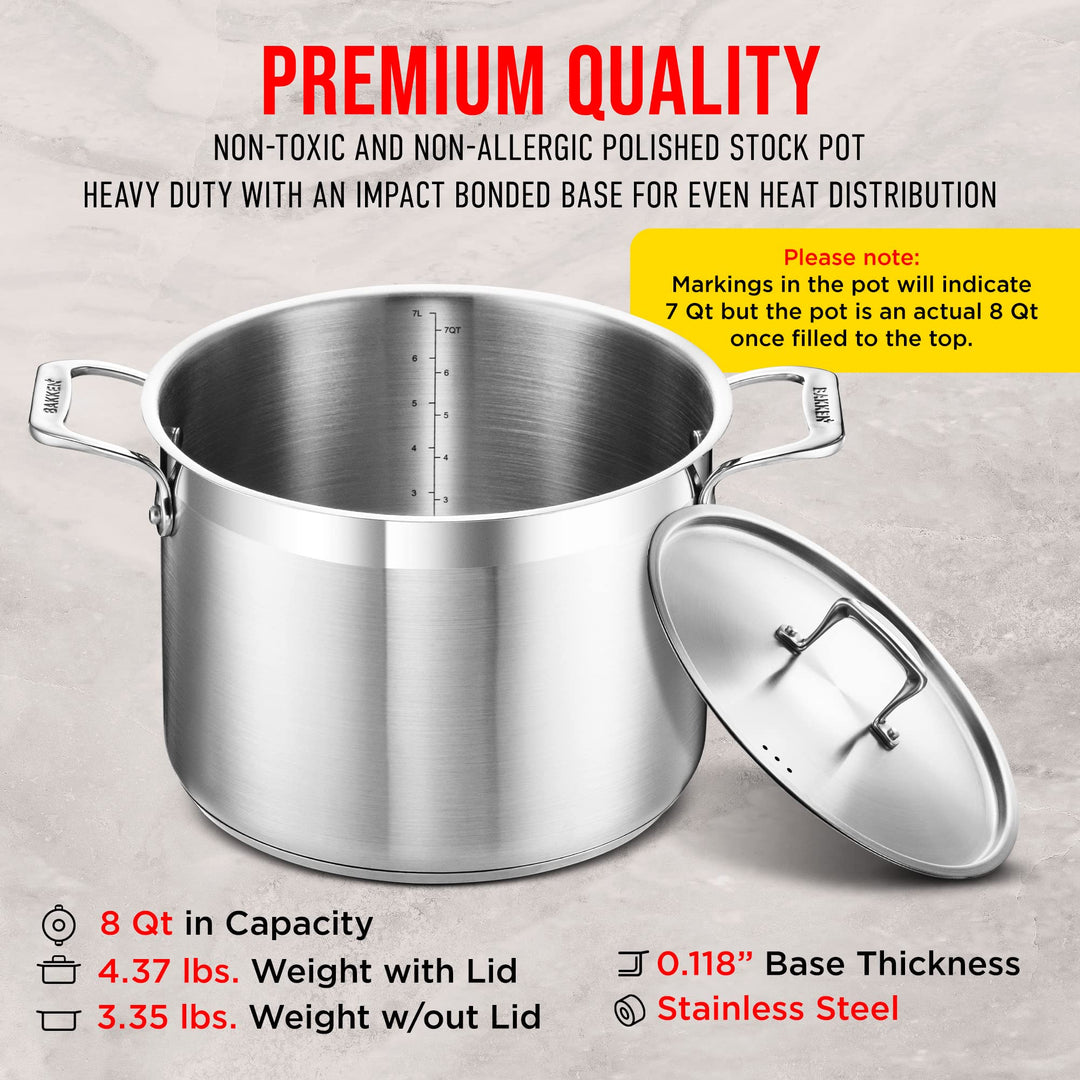 Stockpot – 8 Quart – Brushed Stainless Steel – Heavy Duty Induction Pot with Lid and Riveted Handles – For Soup, Seafood, Stock, Canning and for Catering for Large Groups and Events by BAKKEN