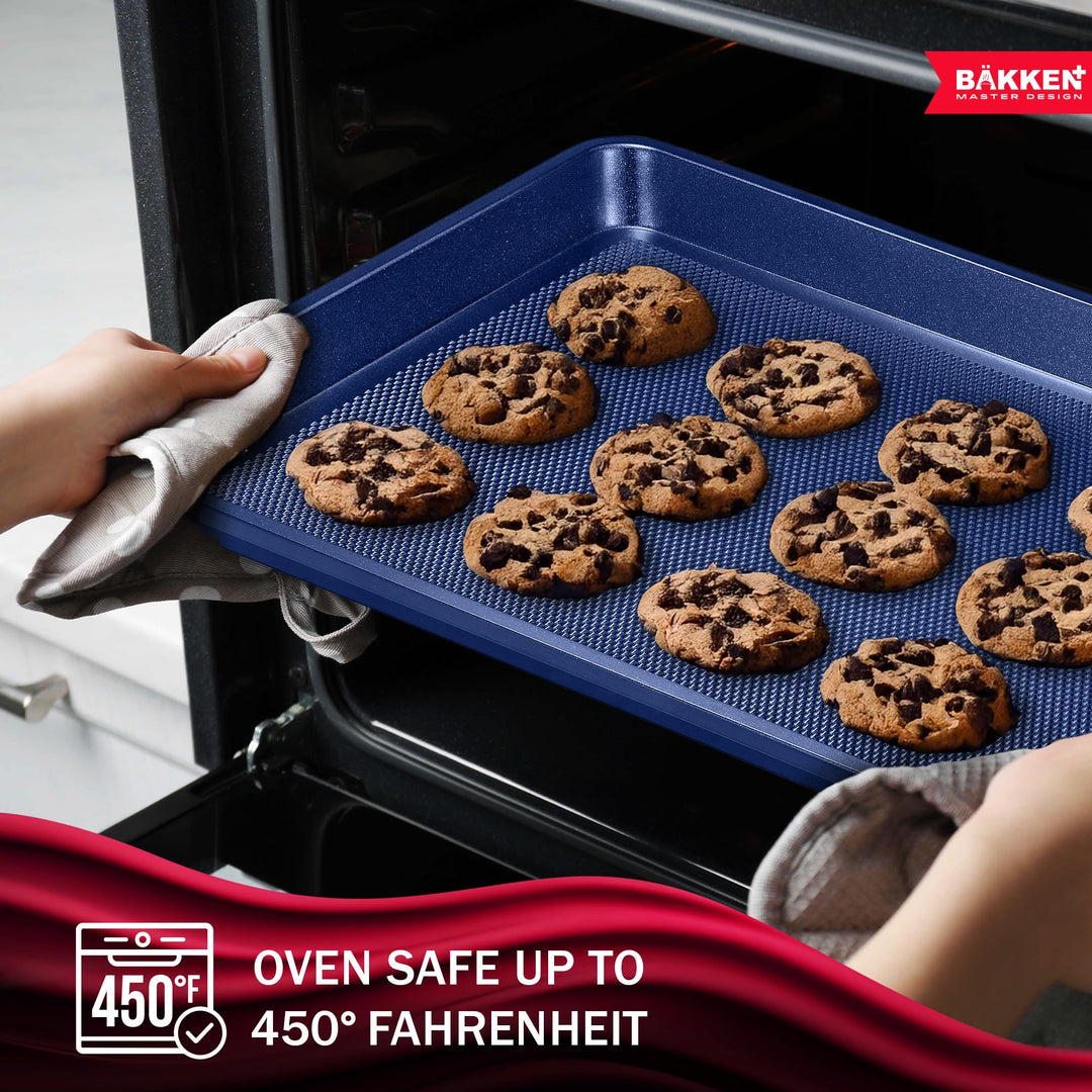 BAKKEN Kitchen Baking Pan - Small, Medium, and Large Cookie Sheet  Nonstick, Diamond Texture Bottom, PFOA, PFOS, PTFE Free, Oven Safe Tray (450°F), Pack of 3, Blue