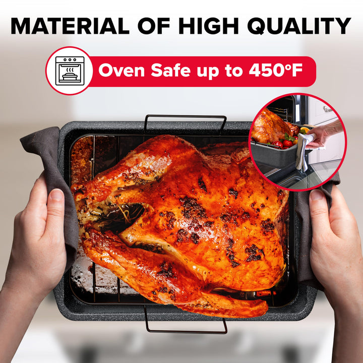 BAKKEN Nonstick Turkey Roasting Pan with Rack – 17 X 13 inch,  Large Heavy-Duty Carbon Steel Roasting Pan, Wide Handles, Versatile for Baking, Grilling, & Roasting, Oven Safe Up to 450°F, Gray Marble