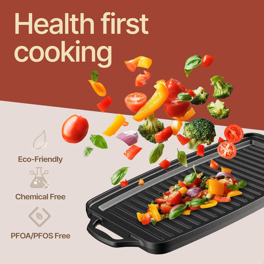 Bakken 19” Reversible Cast Iron Griddle, Flat & Grill Side, Dual Burner Cooking Plate for Pancakes, Meats & Veggies, Pre-Seasoned, Nonstick, Oven & Campfire Safe, Heavy-Duty Griddle Top with Mitt